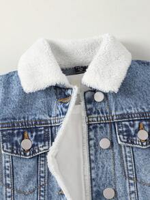 SHEIN Vintaside Kids 女童牛仔夹克和外套，全新秋冬系列，中蓝色牛仔布，学院风，可爱优雅，修身休闲，可拆卸荷叶边袖口和衣领，柔软棉质衬里，适合日常穿着、派对、旅行、返校