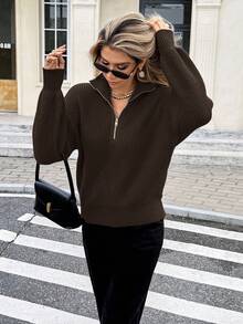 Serisse Suéter de grano con cremallera media, mangas largas, suéter de punto para otoño/invierno - Café integral - Ver 3