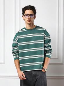 SUMWON Long Sleeve Forest Green Horizontal Striped Crew Neck T-Shirt Oversized Casual Autumn Streetwear Winter Knit Top Regular Fit - Green - View 1