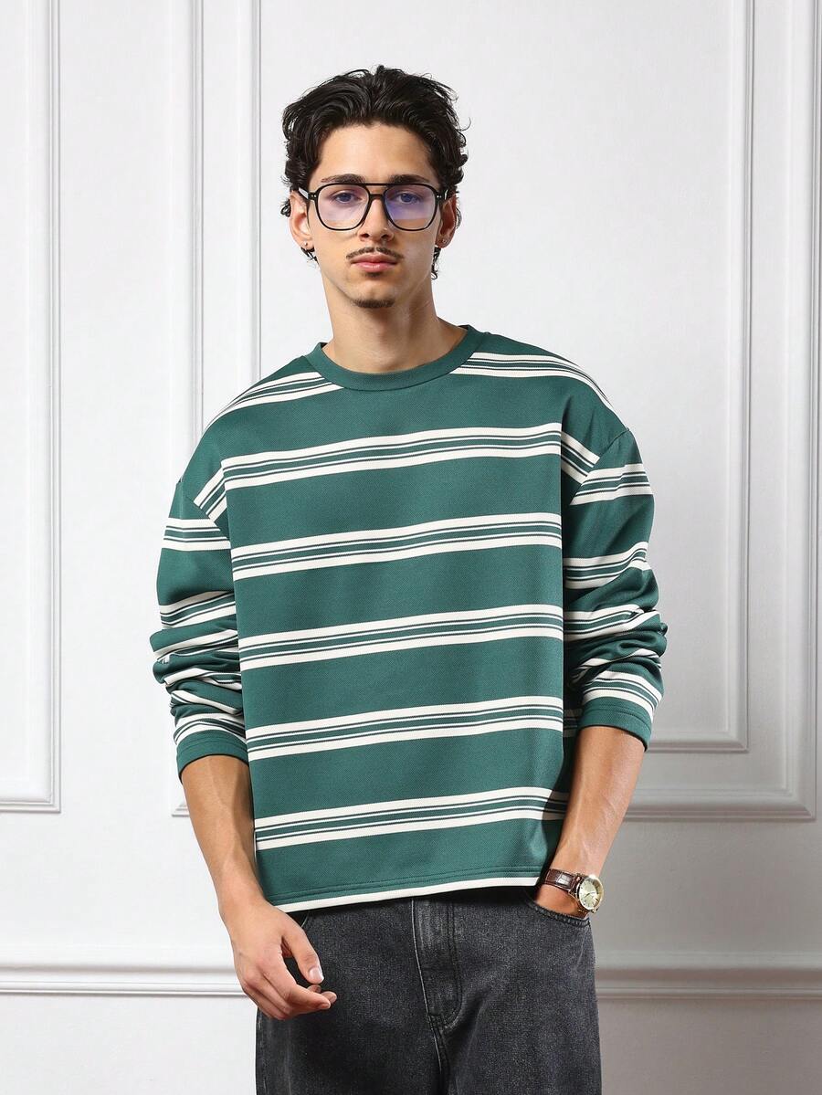SUMWON Long Sleeve Forest Green Horizontal Striped Crew Neck T-Shirt Oversized Casual Autumn Streetwear Winter Knit Top Regular Fit - Green - View 1