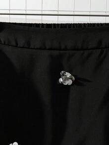 SHEIN Franclia 大码女式新款百搭黑色蕾丝亮片3D亮片花朵修身优雅浪漫派对裙 - 黑色 - 查看 6