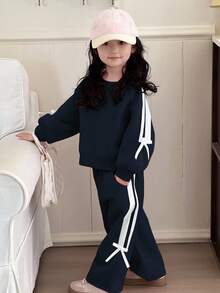 DAZY 2pcs/Set Young Girls Round Neck Knit Sweatshirt Set, Fall - Navy Blue - View 7