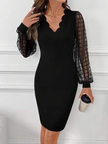 SHEIN Clasi Mesh Patchwork Elegant Commuter Versatile Black Mini Dress With Long Sleeves Fall Clothes For Women Going Out Outfit,Dresses For Women Party