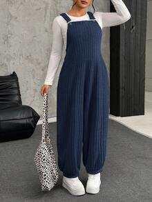 SHEIN EZwear Quần yếm thun gân màu xanh xám cỡ lớn, thu/đông - Màu xanh ngọc - Xem 4