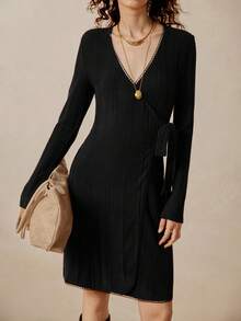 Chiquease Women's Solid Color V-Neck Long Sleeve Wrap Tie Casual Mini Dress - Black - View 6