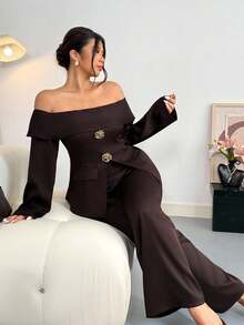 Firerie Conjunto de 2 peças, Top Casual Ombro à Mostra de Manga Longa e Calça, Plus Size - Café - Visão 1