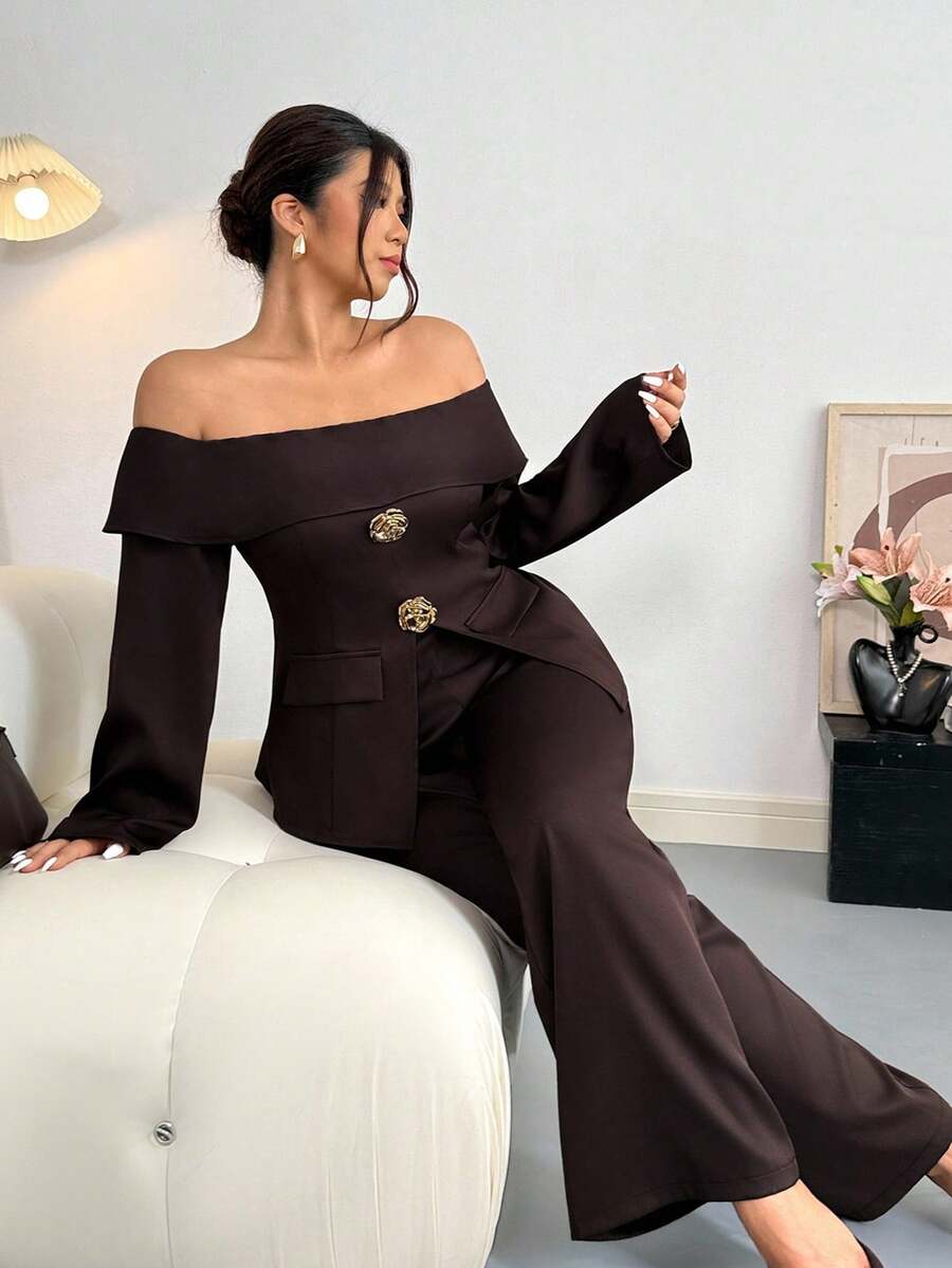 Firerie Conjunto de 2 peças, Top Casual Ombro à Mostra de Manga Longa e Calça, Plus Size - Café - Visão 1
