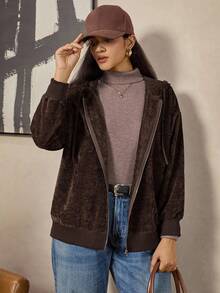 Zelara 复古硬币图案拉链长袖卫衣，大码女款，棕色卫衣，棕色外套，棕色秋冬感恩节卫衣 - 咖啡棕 - 查看 2