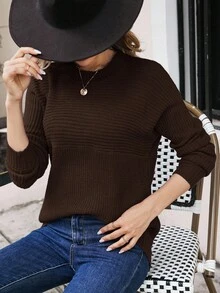 SHEIN Essnce 女式纯色圆领长袖休闲毛衣，秋冬 - 咖啡棕 - 查看 3
