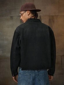 AXEPEAK Men's Washed Rhinestone Embellished Jacket, Brand High-End Lapel Stylish Short Outerwear - Black - View 2