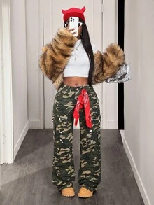 BamGleam Camouflage & Leopard Print Patchwork Cargo Jeans For Women - Army Green - View 5