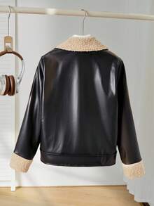 少女休闲百搭仿皮夹克，羊羔绒领口和袖口，下摆银色按扣，适合秋冬外出，可搭配长袖上衣、裤子、运动裤 - 黑色 - 查看 8