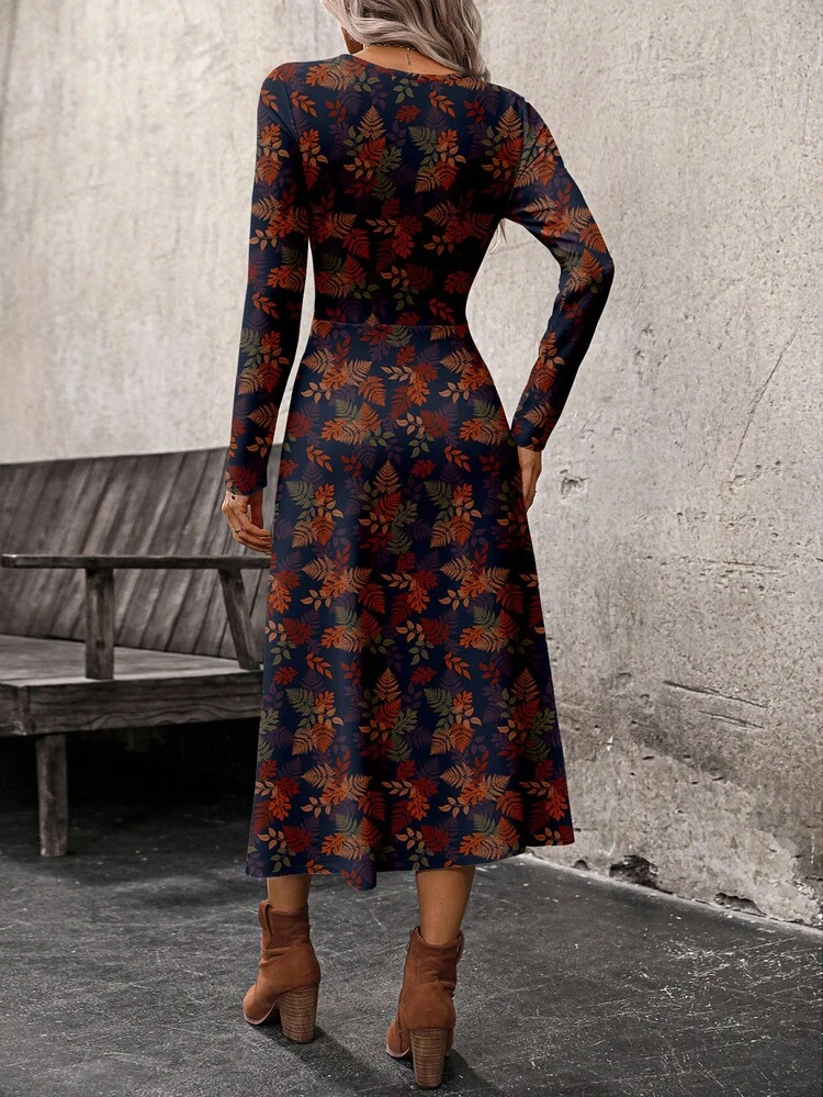 Women's Plant Print Round Neck Long Sleeve Casual Mid-Length Dress