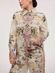 Veilorie 2pcs Women's Front Button Up Long Sleeve All-Over Print Top And Pants Set 2 Pieces Set - Apricot - View 6