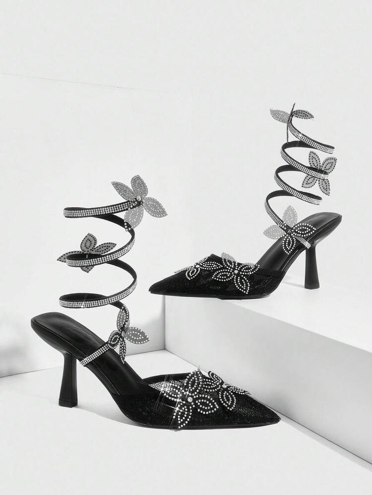 CUCCOO SZL ラインストーンのリボンデコレーション付き ファッショナブルな女性用ハイヒールパンプス、メッシュ素材で通気性があり、パーティーやバンケットにも快適、セクシーなハイヒール