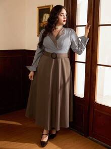 Auvina 加大码女式优雅腰部收紧复古格子拼接喇叭裙，修身版型，秋季服装，自由腰带，新年连衣裙 - 棕色 - 查看 1