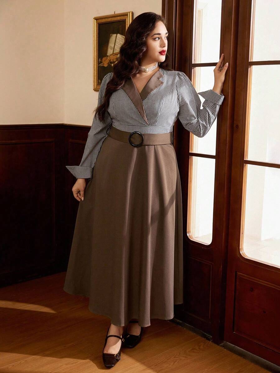 Auvina 加大码女式优雅腰部收紧复古格子拼接喇叭裙，修身版型，秋季服装，自由腰带，新年连衣裙 - 棕色 - 查看 1