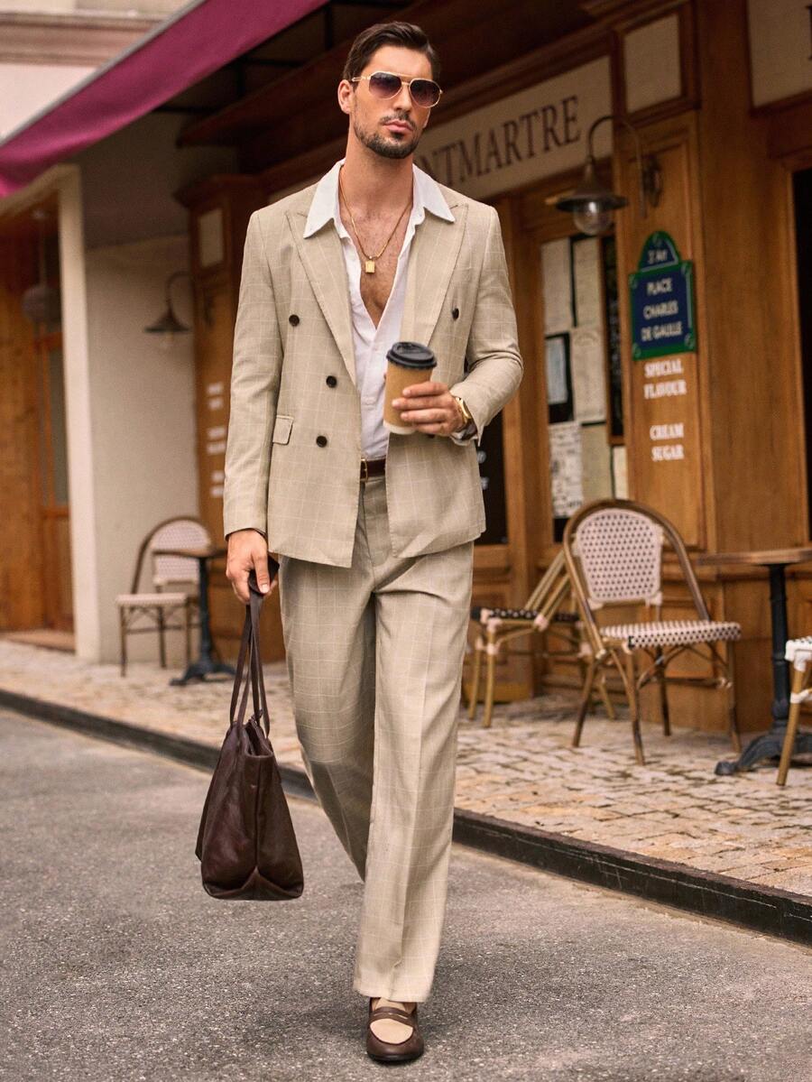 Manfinity VCAY 男士商务格纹印花尖领双排扣西装外套和裤子套装，通勤装 - 卡其色 - 查看 1