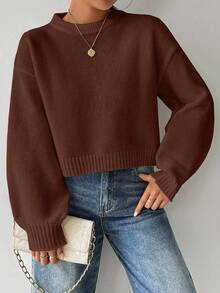 SHEIN LUNE Áo len nữ cổ tròn tay dài màu trắng đơn giản, thoải mái - Cà phê nâu - Xem 4