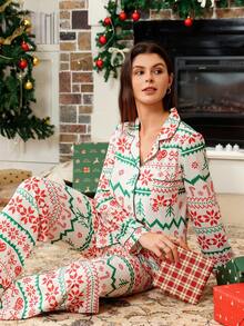 Christmas Theme Print Cardigan Collar Pajama Set Christmas Pajamas Women Lounge Sets For Women Sleepwear Women Pj Sets Christmas Pj Pajama Sets For Women Winter, Fall Clothes