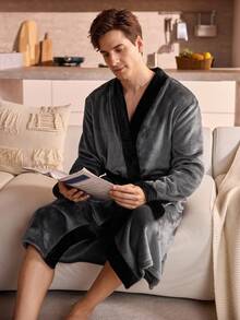 Snug Zone Men's Casual Colorblock Patchwork Belted Bathrobe, Autumn/Winter, Fluffy, Cozy - Dark Grey - View 1