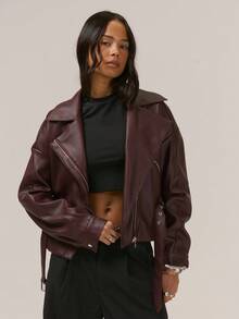 MUSERA Áo khoác bất đối xứng cổ bẻ khóa kéo, chi tiết thắt lưng giả da, thích hợp cho buổi tối, mùa đông hoặc mùa xuân. - Màu Đỏ Sâu - Xem 1