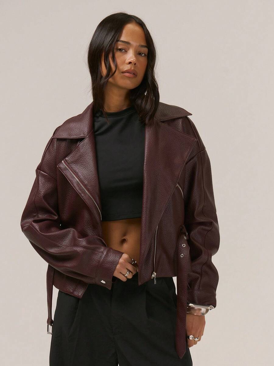 MUSERA Áo khoác bất đối xứng cổ bẻ khóa kéo, chi tiết thắt lưng giả da, thích hợp cho buổi tối, mùa đông hoặc mùa xuân. - Màu Đỏ Sâu - Xem 1