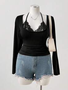 Sunspun 性感蕾丝拼布修身简约长袖T恤 - 黑色 - 查看 5