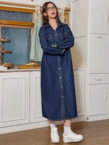 SHEIN EZwear 女式纯色休闲长袖牛仔连衣裙 - 藍色 - 查看 3