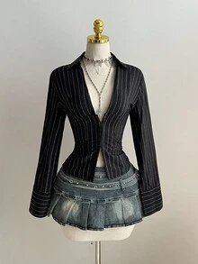 Elamini 1pc Black V-Neck Striped Collar Slim Fit Button-Up Long Sleeve Sexy Blouse For Commuting & Daily Wear, Winter - Black - View 7