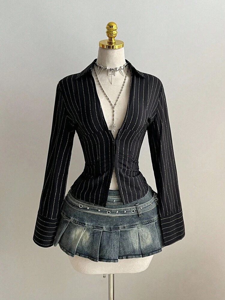 1 Peça Blusa Slim Fit de Manga Longa com Botões, Decote em V e Gola Listrada Preta, Ideal para Uso Diário e Trabalho, Inverno - Preto - Visão 7