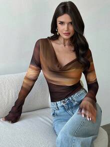 Firerie Women's New Elegant Minimalist Daily Casual Commute Versatile Brown Tie Dye Print Asymmetric Collar Long Sleeve Fitted Bodysuit, Autumn Fashion, Going Out Tops For Women, Airport Outfit For Women - Multicolor - View 5