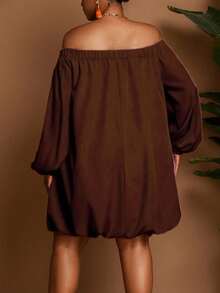 SHEIN CURVE+ Váy dài tay dài màu trơn trễ vai cỡ lớn dành cho nữ, thiết kế mới mùa thu, viền phồng, đa năng, thích hợp cho tiệc tùng, sinh nhật, đi chơi đêm, trở lại trường - màu nâu - Xem 2