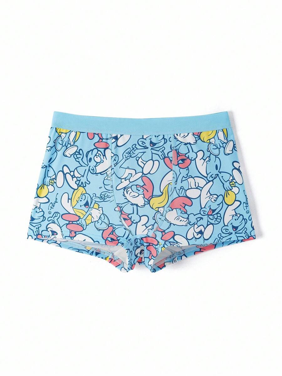 SHEIN X The Smurfs 1pc Women's Blue Comfy Cute Cartoon Smurfs Print Boxer Brief,Cartoon Design Fashionable Boyshorts, Cartoon Boxers - Blue - View 1