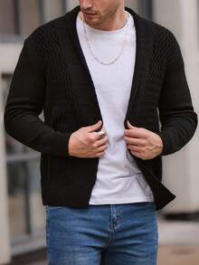 SHEIN Cottnline Men Classic Business Style Turn-Down Collar Sweater Black Cardigan - Black - View 5