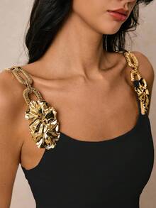 Poéselle 女式金属色 3D 花卉装饰肩带设计修身优雅连衣裙 - 黑色 - 查看 4