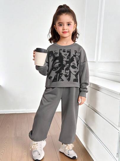 SHEIN 2 件套年轻女孩休闲街头风格卡通肖像印花宽松圆领长袖运动衫和口袋运动裤运动服，铁灰色