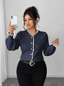 Elenzga Suéter de manga larga ajustado con falso plastrón, elegante y de moda para tallas grandes