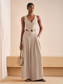 Zivah 2025夏季新款音乐节复活节母亲节婚礼生日派对日常出游基础百搭休闲度假邮轮旅行沙滩海边日光浴网红爆款街头风优雅通勤商务休闲V领无袖修身开衫女背心宽松阔腿裤纽扣口袋百褶女两件套 - 杏色 - 查看 4