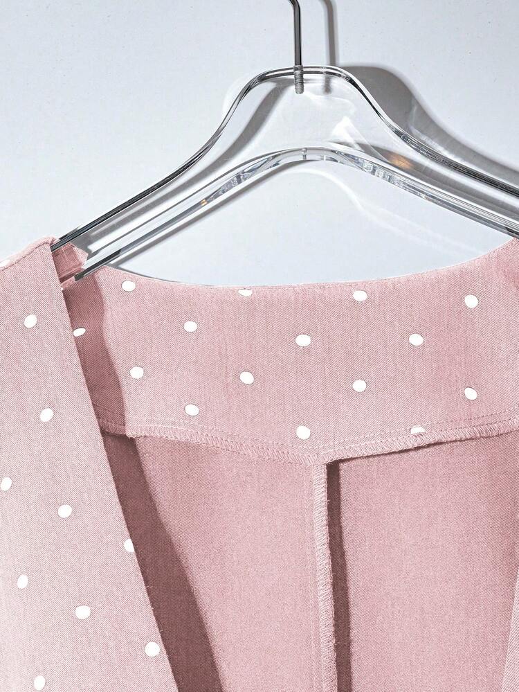 GlowEve CURVE Plus Size Polka Dot Sleeveless Vest With Pleated Hem, Loose Fit Faux Pocket Collarless Jacket - Pink - View 5