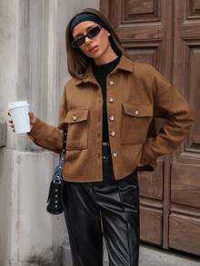 SHEIN Cottnline 女式纯色落肩长袖单排扣实用口袋休闲夹克，秋季 - 摩卡棕 - 查看 6