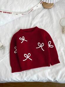SHEIN Playful Pals Baby- und Kleinkind Mädchen Bestickter rosa Pullover, geeignet für Frühling/Herbst, kann als Layering-Teil im Winter getragen werden. Zarte Schleifenstickerei verleiht einen niedlichen und verspielten Charme. Geeignet für Familienfeiern, Halloween, Neujahr, Thanksgiving, Weihnachten, Ostern, Nationalfeiertag, Partys, Silvester - Rot - Übersicht 3