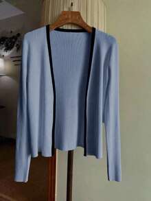 GlowEve Fashionable Minimalist Contrast Color Trim Cardigan, Versatile - Baby Blue - View 3