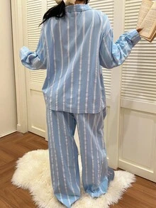 Dazy Plus 两件套条纹宽松睡衣套装，春秋季休闲穿着，大码，秋冬服装 - 藍色 - 查看 2