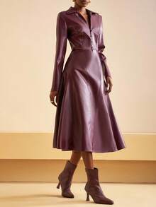 Zivah 2025秋季新品，适合生日派对，聚会，宴会，返校季，学院风，学生装，日常外出，基础百搭，休闲，邮轮旅行，潮流趋势，街头服饰，优雅，通勤，商务休闲，衬衫领，深V领长袖，A字腰，深紫红色PU，秋季中长连衣裙，女装 - 中紫紅色 - 查看 7