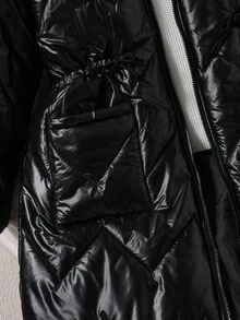 Teen Girl Black Winter Casual Fashionable Hooded Padded Coat,Shiny Pleated Woven Fabric,Unique Cinched Waist Design,Loose & Comfortable,Daily Commute - Black - View 5
