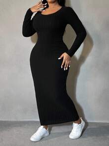 SHEIN PETITE CURVE Plus Solid Ribbed Knit Bodycon Dress - Black - View 6