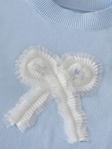 年轻女孩的新款秋冬款式，时尚 3D 手工蝴蝶结，长袖，宽松，百搭，优雅，可爱设计女孩针织套头衫 - 藍色 - 查看 4