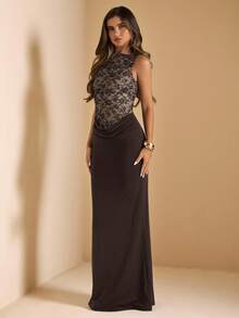 SHEIN BAE Váy đuôi cá ren chắp vá không tay màu đen thanh lịch dành cho nữ, thích hợp cho đám cưới, phù dâu, khách dự tiệc cưới, váy đen - Cà phê nâu - Xem 5
