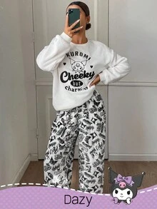 DAZY HELLO KITTY AND FRIENDS | SHEIN 女士毛绒字母和卡通刺绣上衣和宽松全印花裤睡衣套装，冬季，秋季服装 - 米色 - 查看 6
